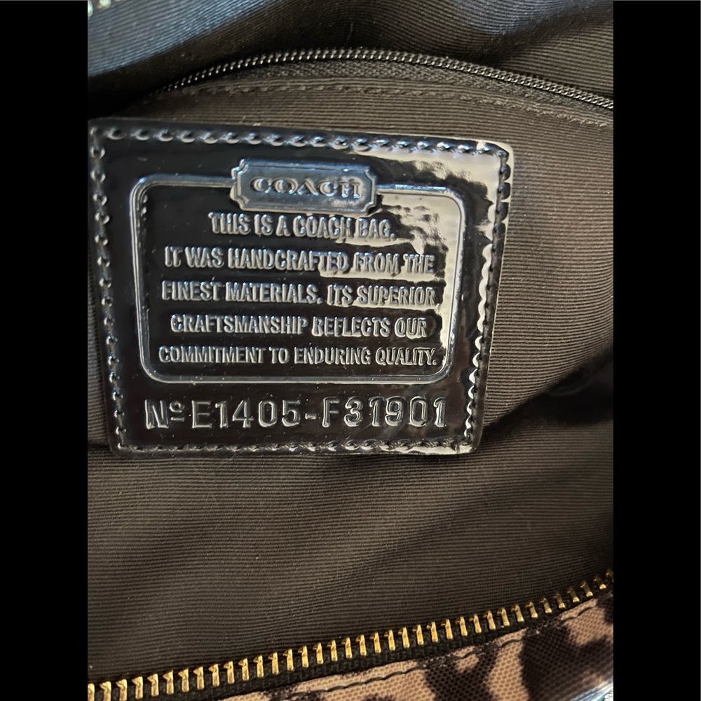 Coach Tan/Brown Animal Print Material Tote with Black Trim - Picture 8 of 10